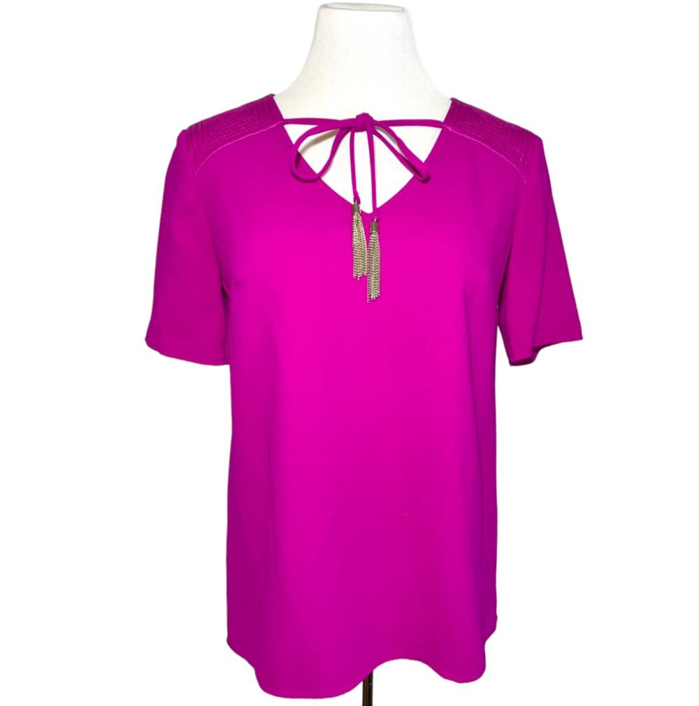 Trina Turk Escondido Short Sleeve Gold Tassel Fringe Top in Fuchsia Pink Small